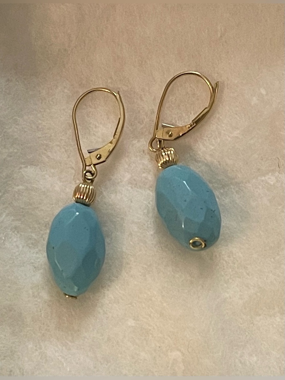 14K Gold Vintage Leverback Earrings with Turquoise Blue Faceted Beads